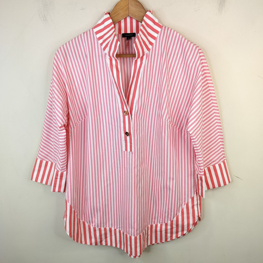 Talbots Striped Cotton Tunic Small Coral Pink White Preppy 3/4 Sleeve